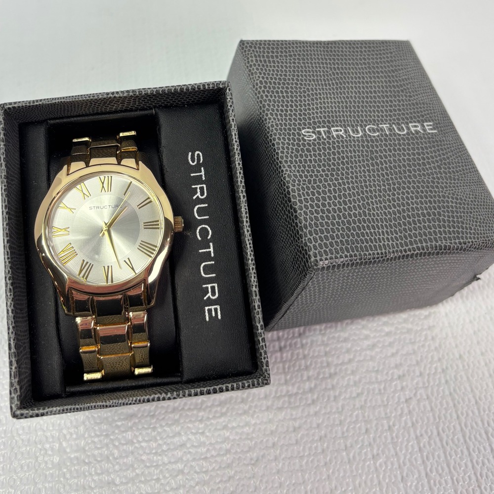 STRUCTURE Gold Tone Mens Watch NIB Roman Numeral Watch Stainless Steel Band